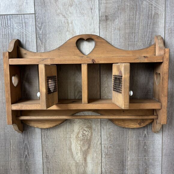 Vtg Wood Heart Door Wall Knick Knack Curio Trinket Shelf Knobs Cottage Farmhouse - Picture 7 of 12